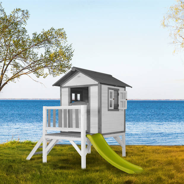 AXI Beach Lodge XL Speelhuis op palen en groene glijbaan Speelhuisje voor de tuin / buiten in grijs & wit van FSC hout
