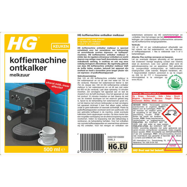 HG koffiemachine ontkalker melkzuur 500 ml