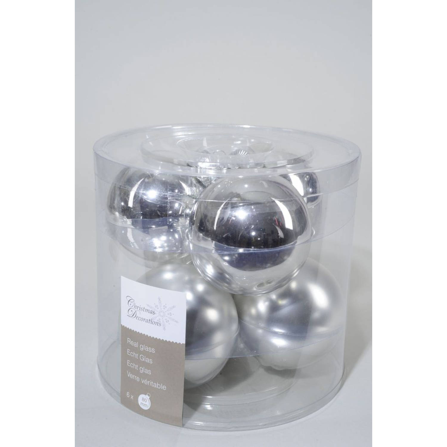 6 kerstballen zilver glans 80 mm KSD