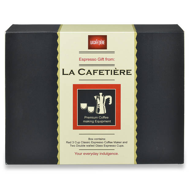 La Cafetière 3-kops espressomaker met 2 dubbelwandige glazen in geschenkverpakking - rood