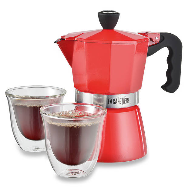 La Cafetière 3-kops espressomaker met 2 dubbelwandige glazen in geschenkverpakking - rood