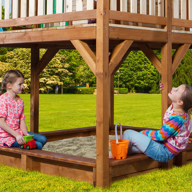 AXI Liam Speelhuis op palen, zandbak, schommel & groene glijbaan Speelhuisje voor de tuin / buiten in bruin & groen