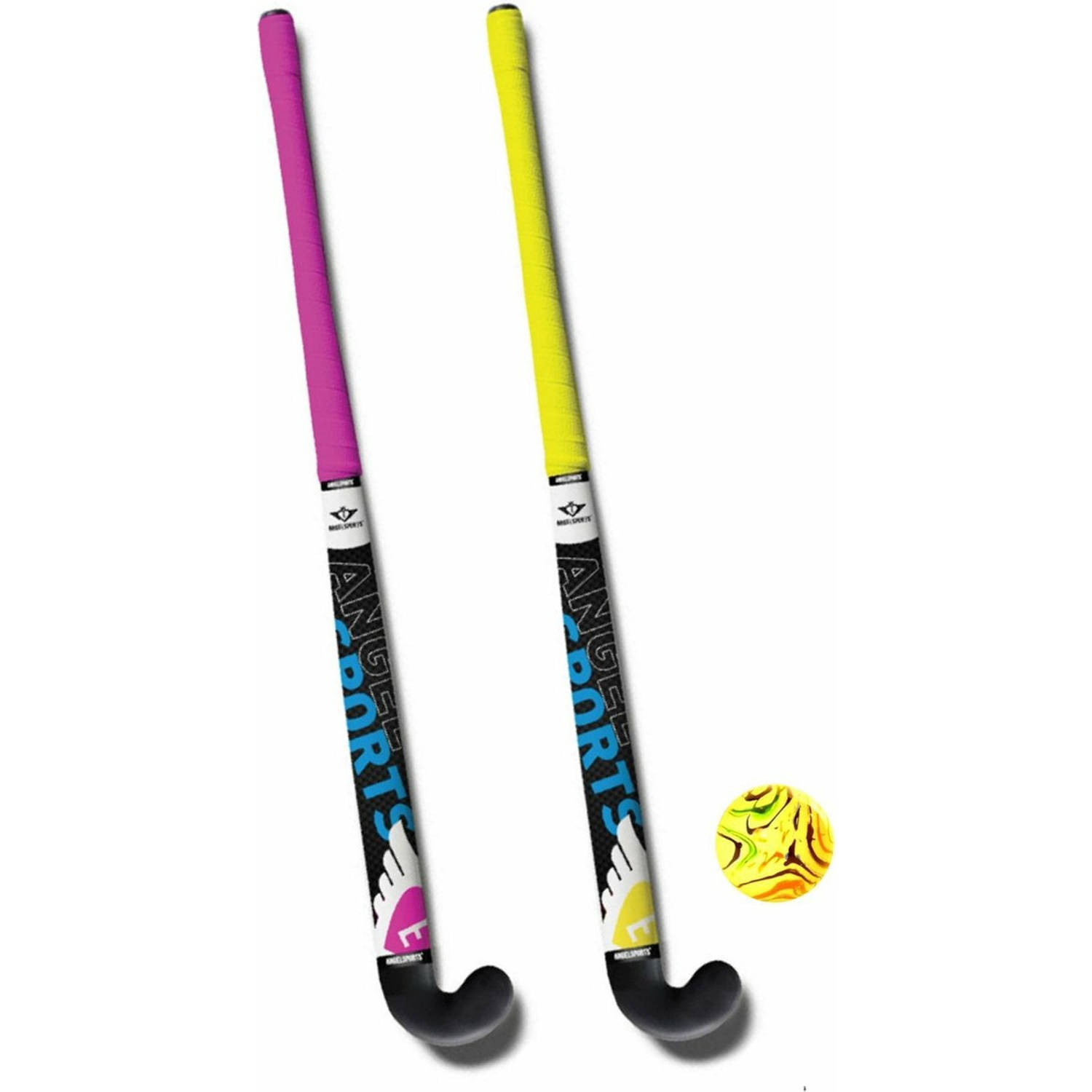 Hockeyset: 2 Hockeystick roze en geel + Bal