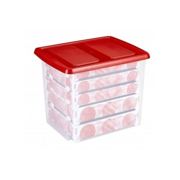 Set van 2 - Nesta kerst opbergbox 45L met trays voor 64 ballen transparant rood