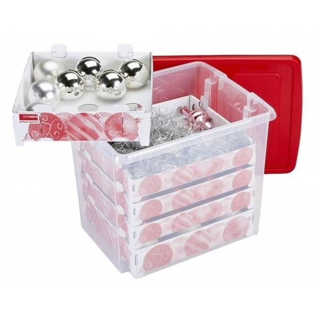 Set van 2 - Nesta kerst opbergbox 45L met trays voor 64 ballen transparant rood