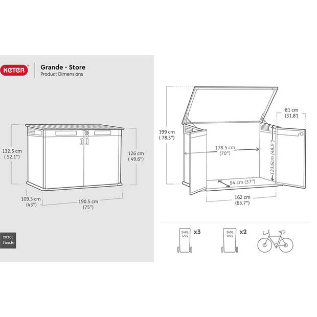Keter Grande-Store opbergbox - 190.5x109.3x132.5 cm - 2020L - Grijs