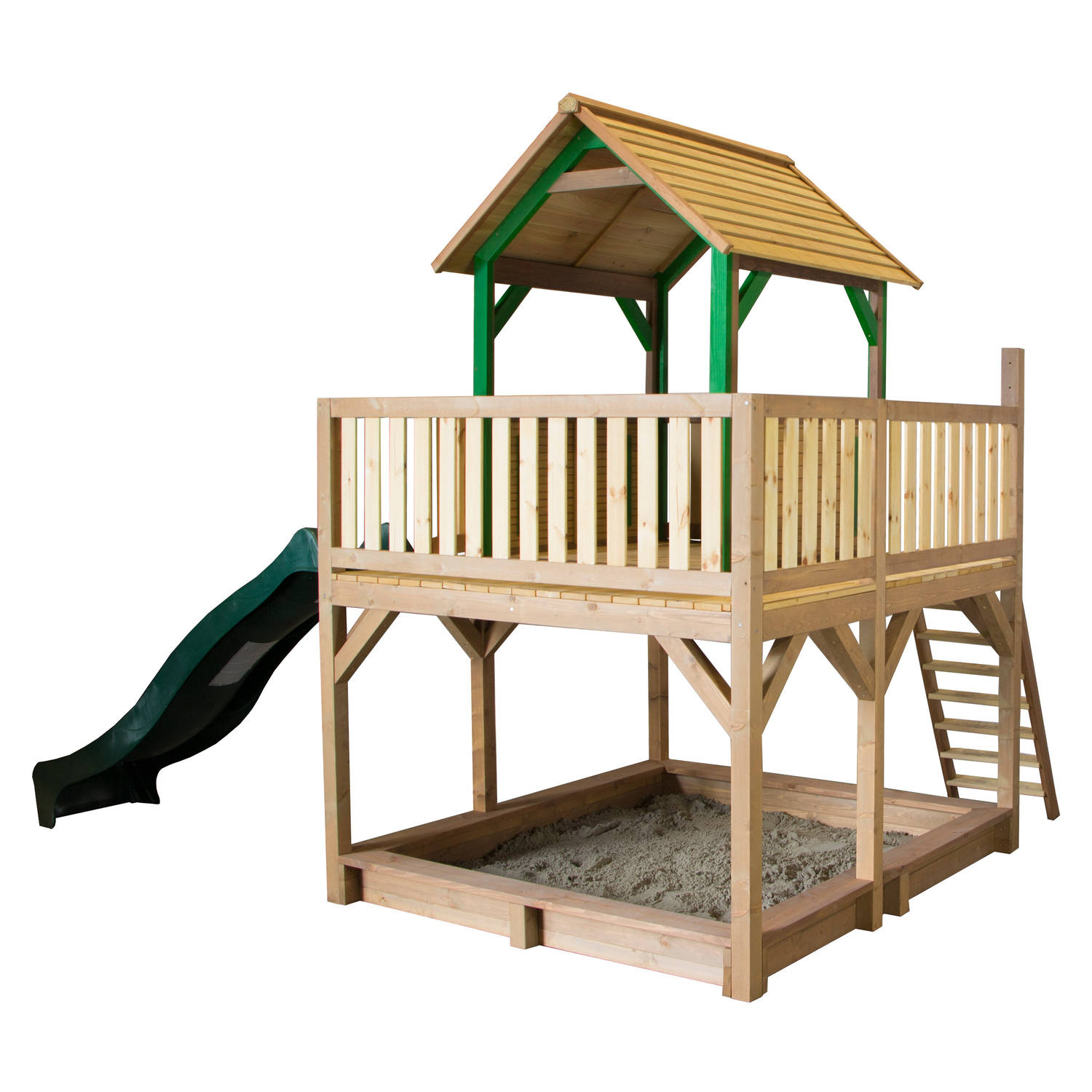 AXI Atka Speeltoestel in Bruin/Groen - Speeltoren met Verdieping, Zandbak en Groene Glijbaan - FSC hout - Speelhuisje op palen met veranda voor kinderen - Speeltoestel voor de tuin