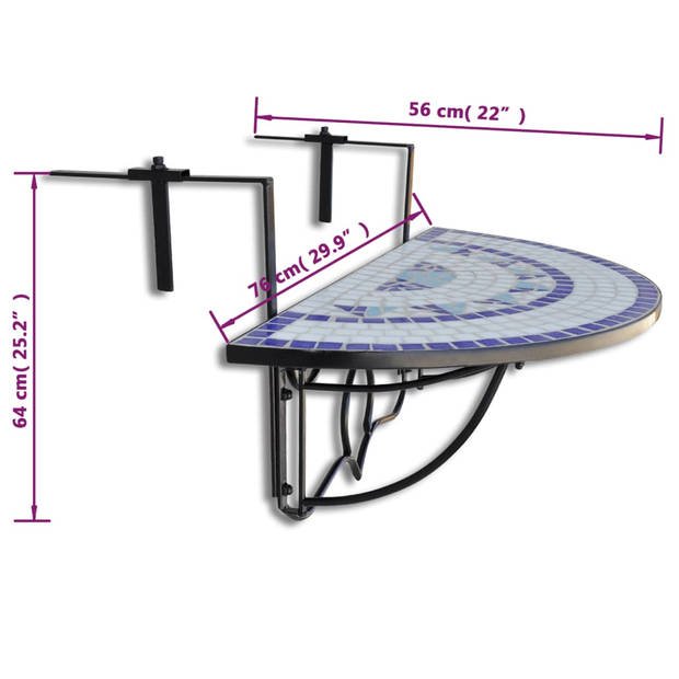 vidaXL Balkontafel hangend mozaïek blauw en wit