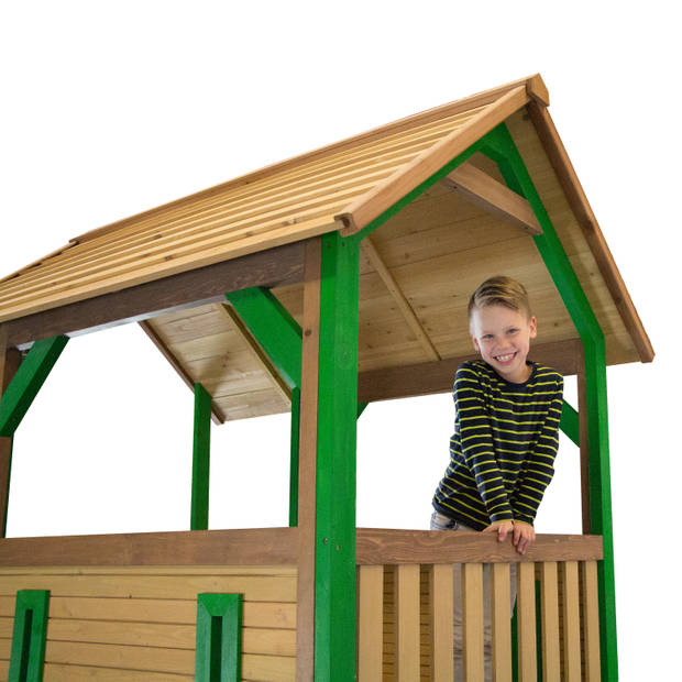 AXI Pumba Speelhuis op palen, zandbak & groene glijbaan Speelhuisje voor de tuin / buiten in bruin & groen van FSC