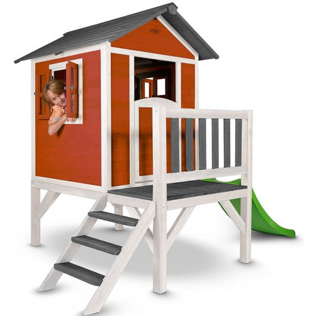 AXI Beach Lodge XL Speelhuis op palen en groene glijbaan Speelhuisje voor de tuin / buiten in rood van FSC hout