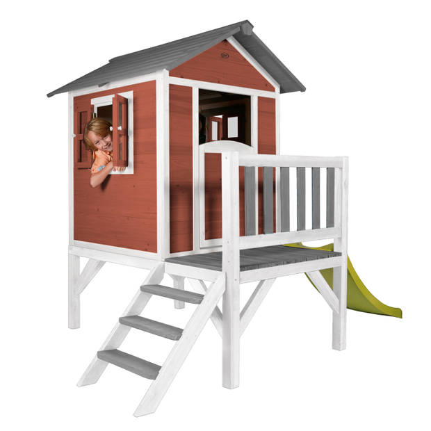 AXI Beach Lodge XL Speelhuis op palen en groene glijbaan Speelhuisje voor de tuin / buiten in rood van FSC hout