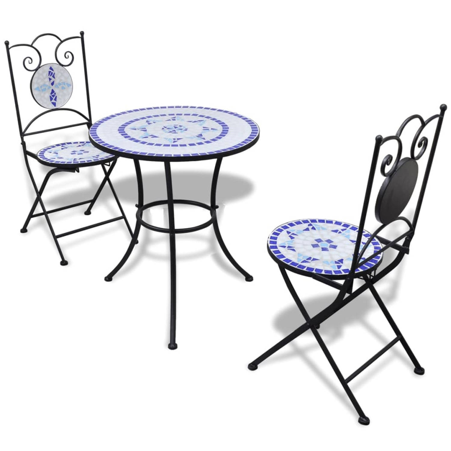 vidaXL Mozaïektafel 60 cm met twee stoelen blauw-wit