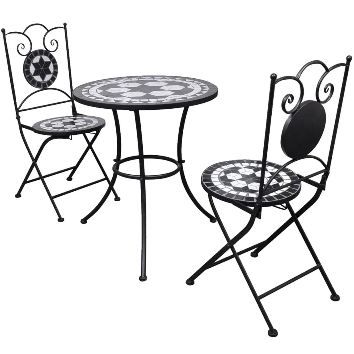 vidaXL Mozaïektafel 60 cm met twee stoelen zwart-wit