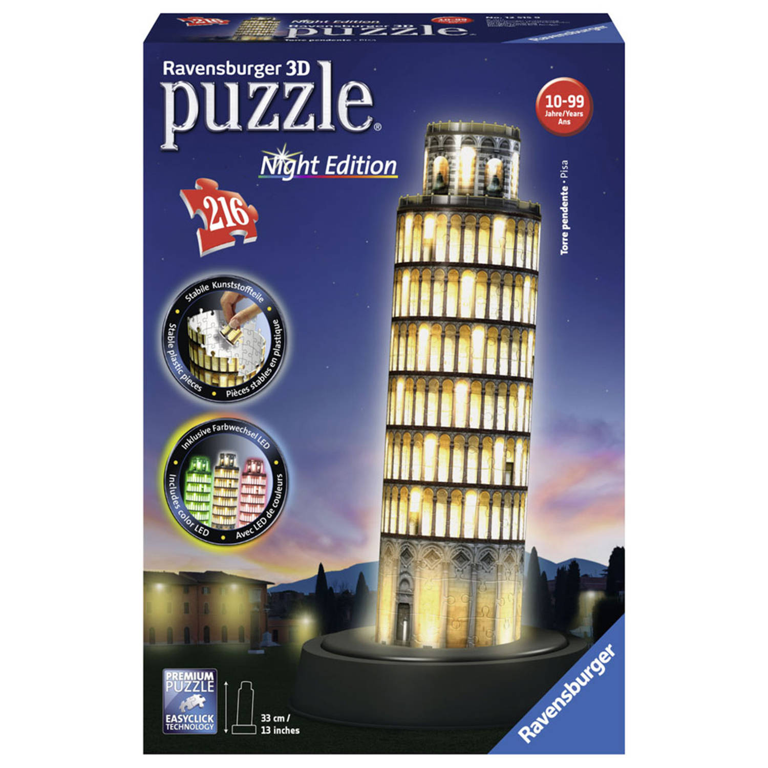 Ravensburger 3D puzzel Toren van Pisa bij nacht 216 stukjes