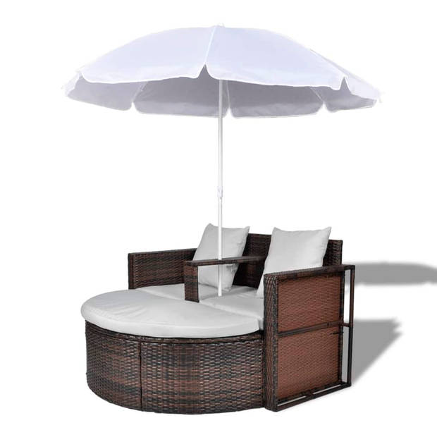 Poly Rattan Loungebed set met parasol (bruin)
