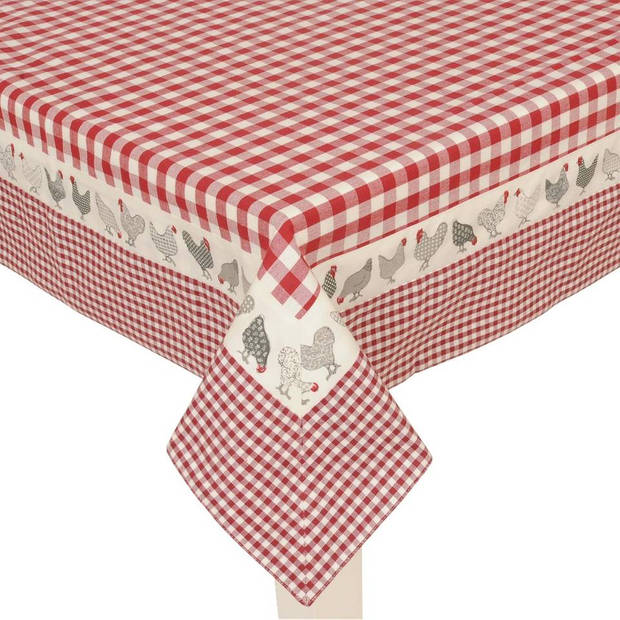Mooi landelijk tafelkleed geruit met rondom een kip motief - 150 x 150 cm - rood/wit