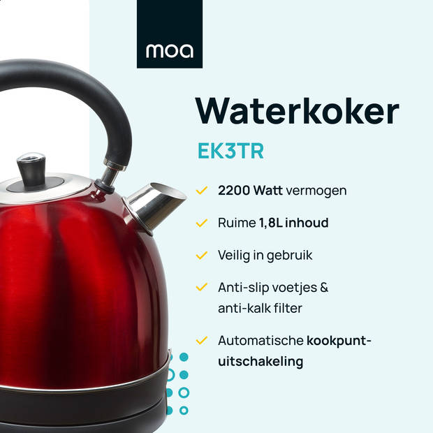 MOA Waterkoker Retro Rood 1.8 liter - Elektrisch - RVS - EK3TR