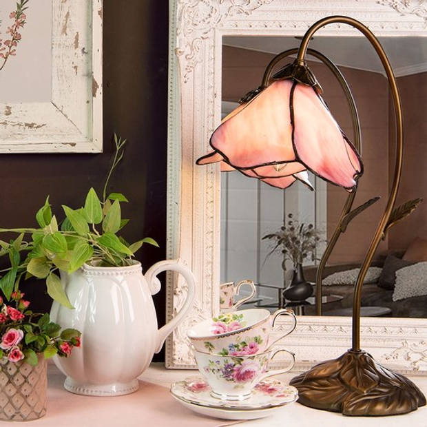 Clayre & eef tafellamp met bloem 48 x ø 31 cm 1x e14 max 40w. - bruin, roze - ijzer, glas