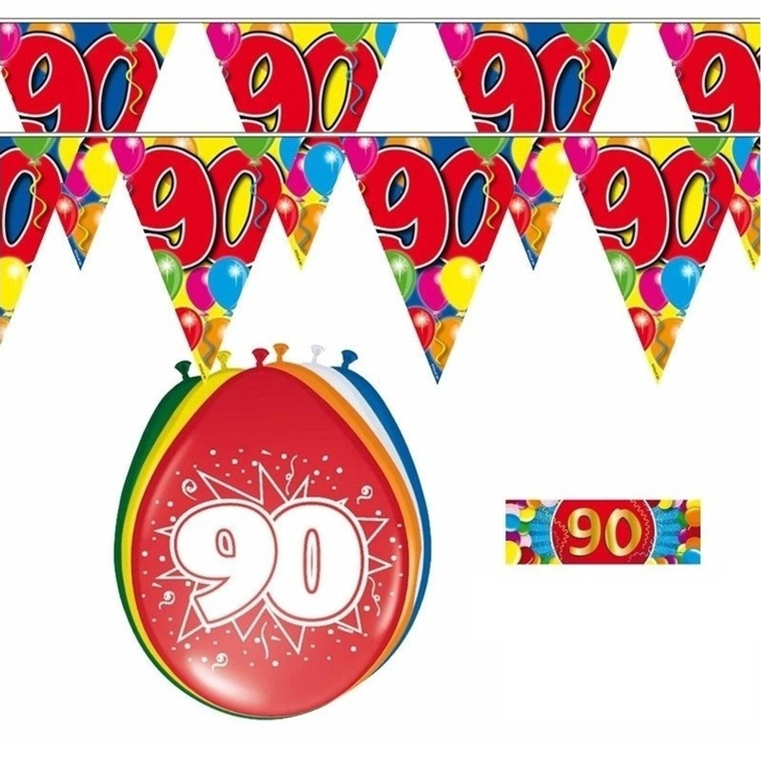 Voordeelset 90 jaar met 2 vlaggenlijnen en ballonnen - Feestpakketten