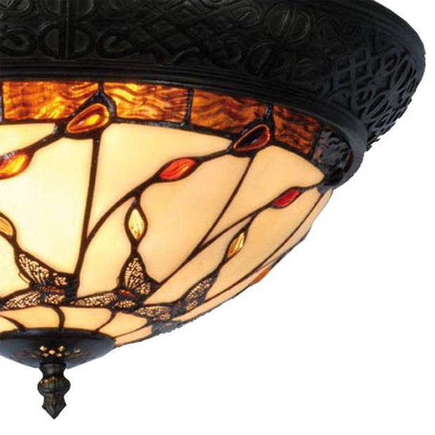 Clayre & eef tiffany plafondlamp plafonnière vlinders evolve serie - bruin, brons, ivory, wit - ijzer, glas