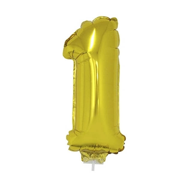 Gouden opblaas cijfer ballon 1 op stokje 41 cm - Ballonnen