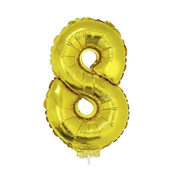 Gouden opblaas cijfer ballon 8 op stokje 41 cm - Ballonnen