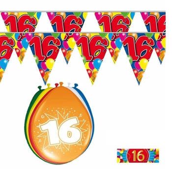 Voordeelset 16 jaar met 2 vlaggenlijnen en ballonnen - Feestpakketten