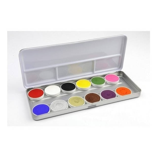 Schmink/grimeer palet van 12 kleuren met penselen en kwastjes/sponsjes - Schmink