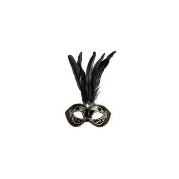 Venetiaanse glitter oogmaskers zwart met veren - Verkleedmaskers