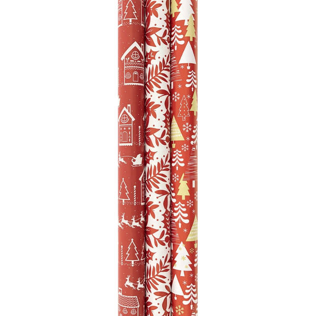 Red Collection cadeaupapier - Kerstpapier inpakpapier voor Kerst - 200 x 70 cm - 3 rollen