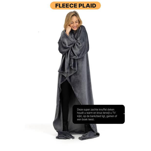 O'DADDY Fleece deken - fleece plaid met MOUWEN - 150x200 - super zacht - grijs