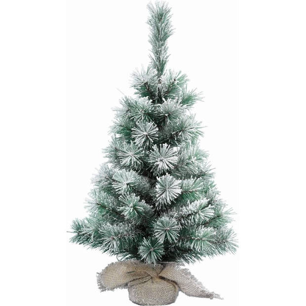 Mini kerstboom besneeuwd met verlichting - in jute zak - H60 cm - zwart/grijs - Kunstkerstboom