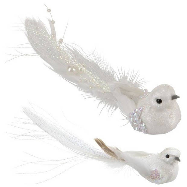 Witte vogeltjes op clip decoratie 2 stuks - Kersthangers