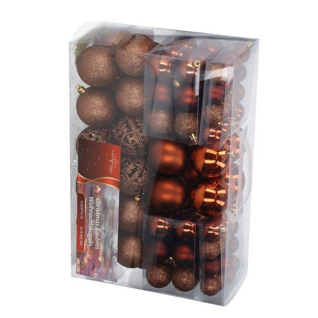 Set van 100 voordelige bruine kerstballen plastic/kunststof - Kerstbal
