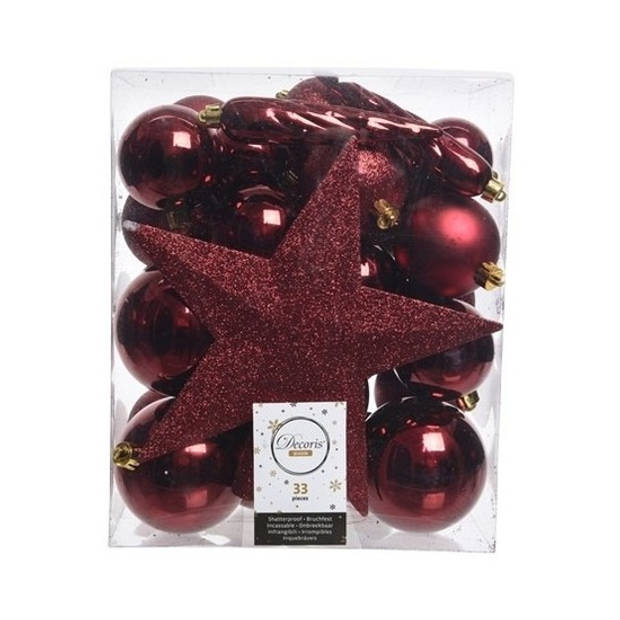 Decoris kerstballen pakket van 33 stuks met ster piek 5-6-8 cm kunststof donkerrood - Kerstbal