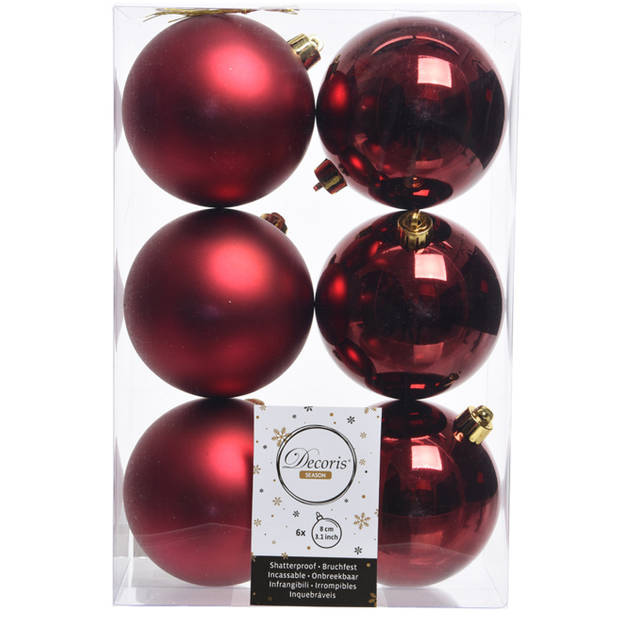 Decoris Kerstballen - 6x st - donkerrood - 8 cm - kunststof - Kerstbal