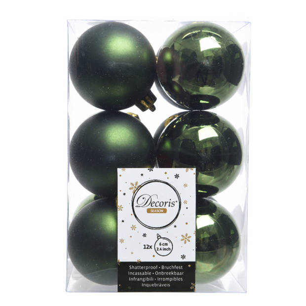12x Kunststof kerstballen glanzend/mat donkergroen 6 cm kerstboom versiering/decoratie - Kerstbal