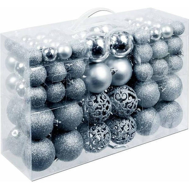 Pakket met 100 voordelige zilveren kerstballen inclusief haakjes - Kerstbal