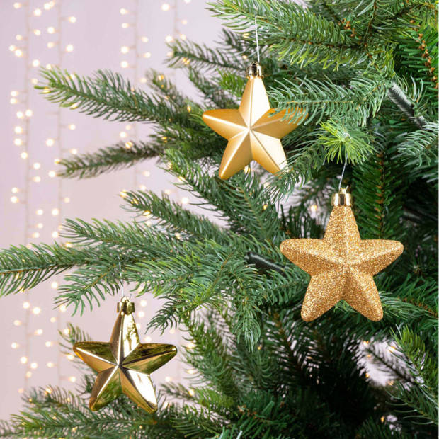 6x Gouden sterren kerstballen 7 cm kunststof glans/mat/glitter - Kersthangers