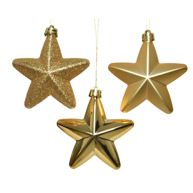 6x Gouden sterren kerstballen 7 cm kunststof glans/mat/glitter - Kersthangers