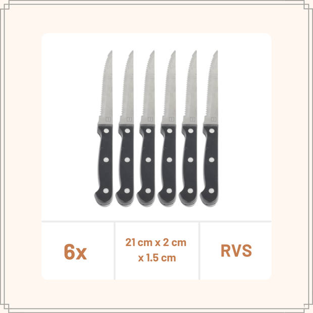 OTIX Steakmessen - Set van 6 Stuks - Zwart - Vleesmessen - Vaatwasserbestendig - 21x2x1,5cm - Steakmessenset - RVS