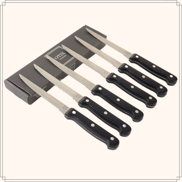 OTIX Steakmessen - Set van 6 Stuks - Zwart - Vleesmessen - Vaatwasserbestendig - 21x2x1,5cm - Steakmessenset - RVS