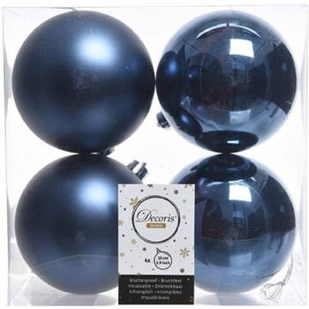 Decoris Kerstballen - 4x st - donkerblauw - 10 cm - kunststof - Kerstbal