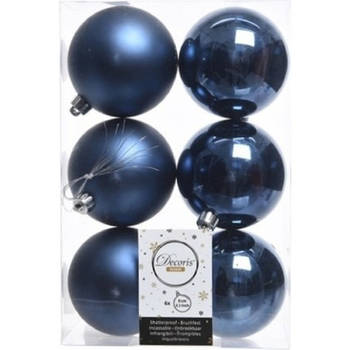 Decoris Kerstballen - 6x st - donkerblauw - D8 cm - kunststof - Kerstbal