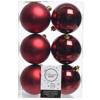 6x Kunststof kerstballen glanzend/mat donkerrood 8 cm kerstboom versiering/decoratie - Kerstbal