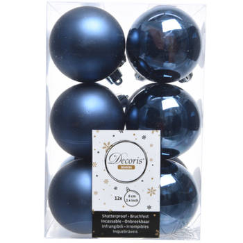 12x Kunststof kerstballen glanzend/mat donkerblauw 6 cm kerstboom versiering/decoratie - Kerstbal