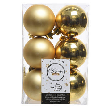 Decoris Kerstballen - Set van 12x stuks - goud - D6 cm - kunststof - mat/glans - Kerstbal