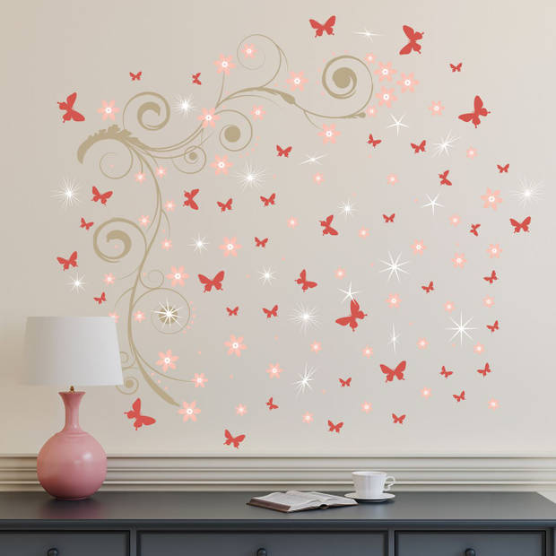 Walplus Home Decoratie Sticker - Roze Vlinders met Wijnstok