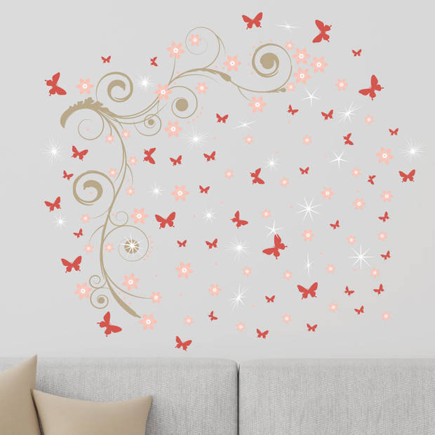 Walplus Home Decoratie Sticker - Roze Vlinders met Wijnstok