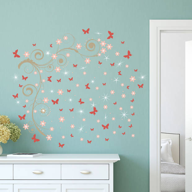 Walplus Home Decoratie Sticker - Roze Vlinders met Wijnstok